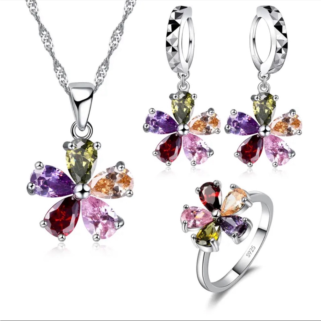 Silver Diamond Cz Floral Design Jewelry Set Ring Size 6 New In Box